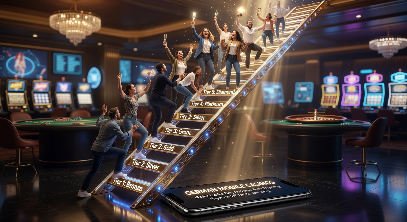 VIP-Turnier-Szene auf einem Mobile-Gerät mit No-Wager-Leiter, Preistrophäen und deutschen Casino-Logos im Hintergrund