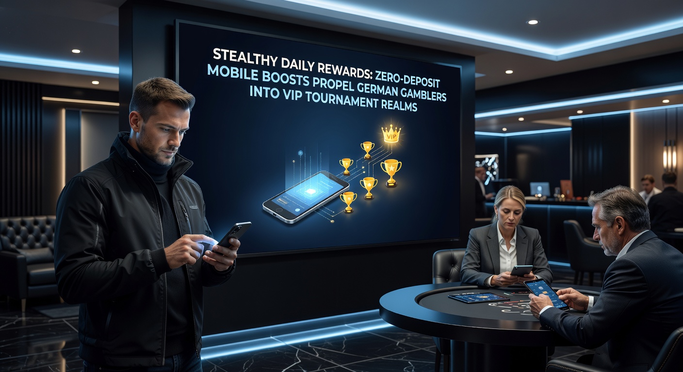 Deutscher Spieler auf Smartphone, das VIP-Turnier-Qualifikationen und tägliche Null-Deposit-Boosts anzeigt, mit Preistrophäen im Hintergrund